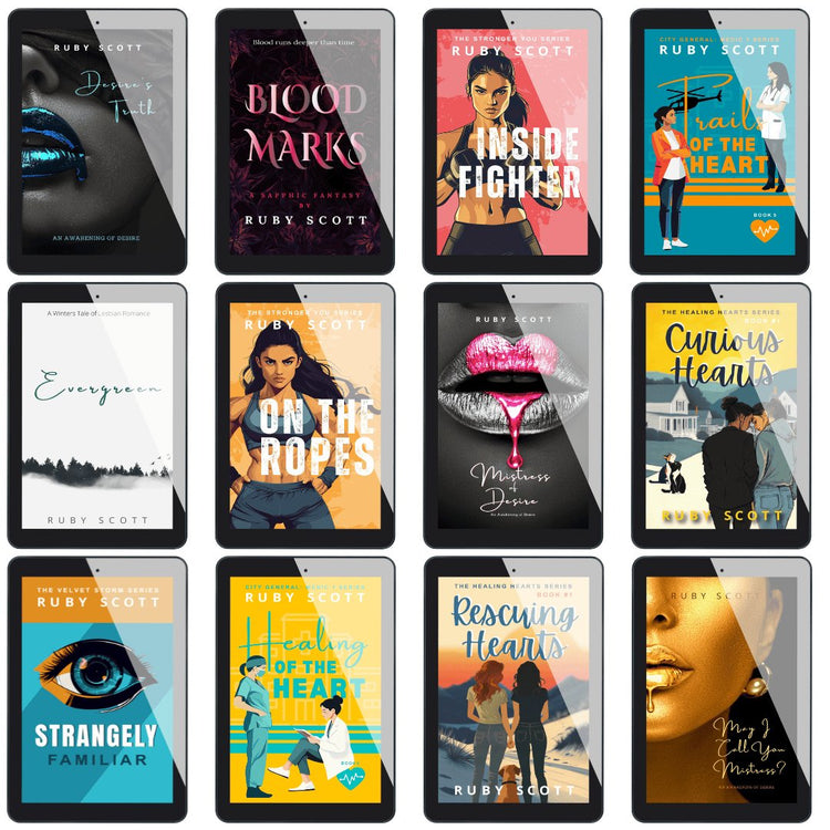 A vibrant 12-cover display of lesbian romance books by Ruby Scott, each showcasing a unique lesbian love story and rich lesbian fiction themes—ranging from sapphic fantasy to steamy and heartfelt WLW tales in stunning e-book designs