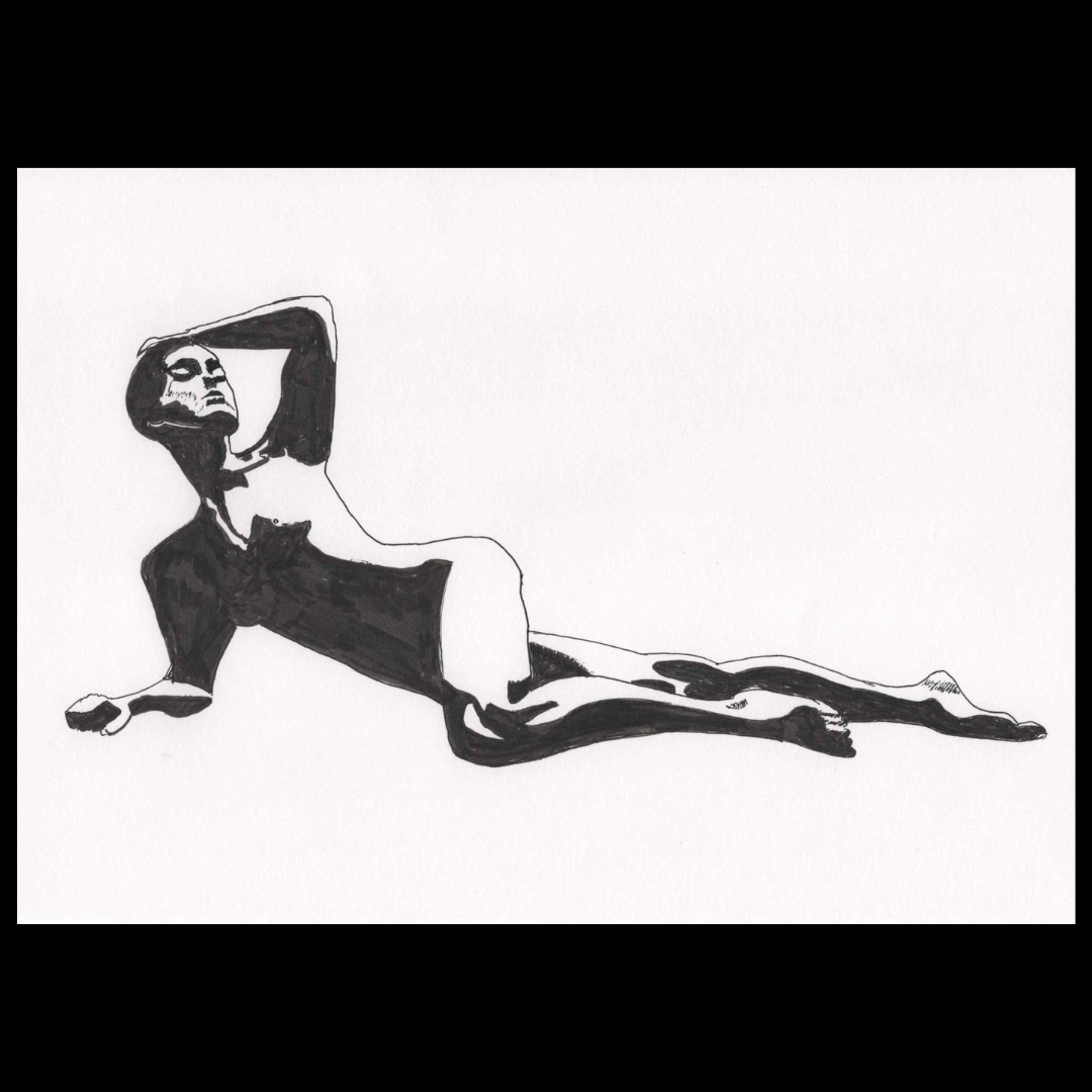 Black and white ink artwork Reclining Nude by lesbian romance fiction author Ruby Scott, featuring a sensual female figure stretched across the page in shadows and curves. Erotic sapphic art that captures intimacy, vulnerability, and strength — perfect for lovers of lesbian romance books, lesbian love stories, and lesbian fiction.