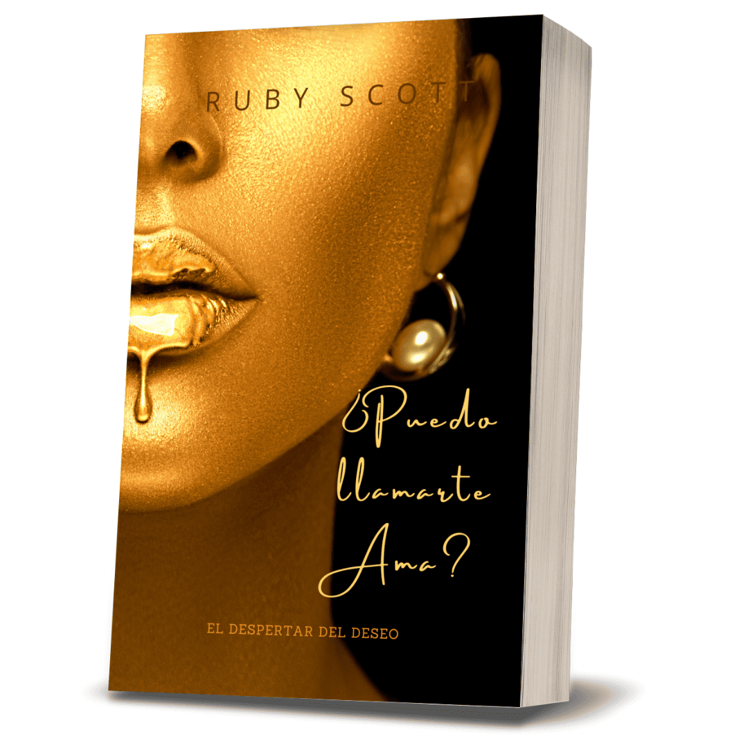 Spanish lesbian romance book cover with a gold-leafed face and text by Ruby Scott, lesbian romance author