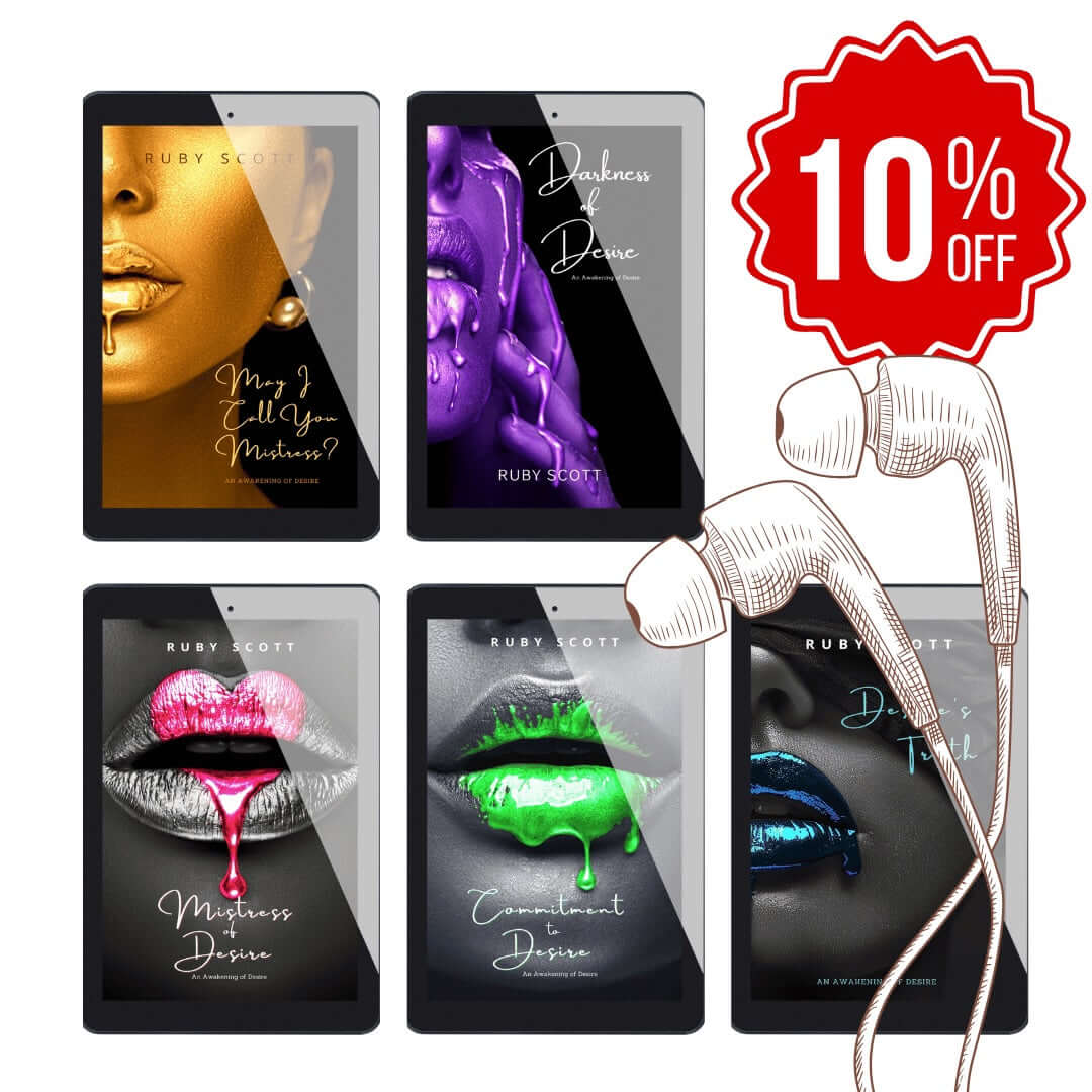 Five Awakening of Desire covers on tablets with a red 10% off badge, showcasing a kinky slow burn erotic lesbian romance book series where each title is an intense lesbian love story and character-driven lesbian fiction by lesbian romance author Ruby Scott, also known as lesbian romance fiction author Ruby Scott.