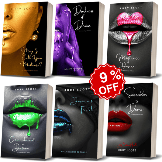 Promotional image showing six books from the Awakening of Desire series by lesbian romance fiction author Ruby Scott, including May I Call You Mistress?, Darkness of Desire, Mistress of Desire, Commitment to Desire, Desire’s Truth, and Surrender to Desire, with a bold red 9% off discount badge — sensual, slow burn lesbian romance books filled with emotional depth and powerful lesbian love stories.