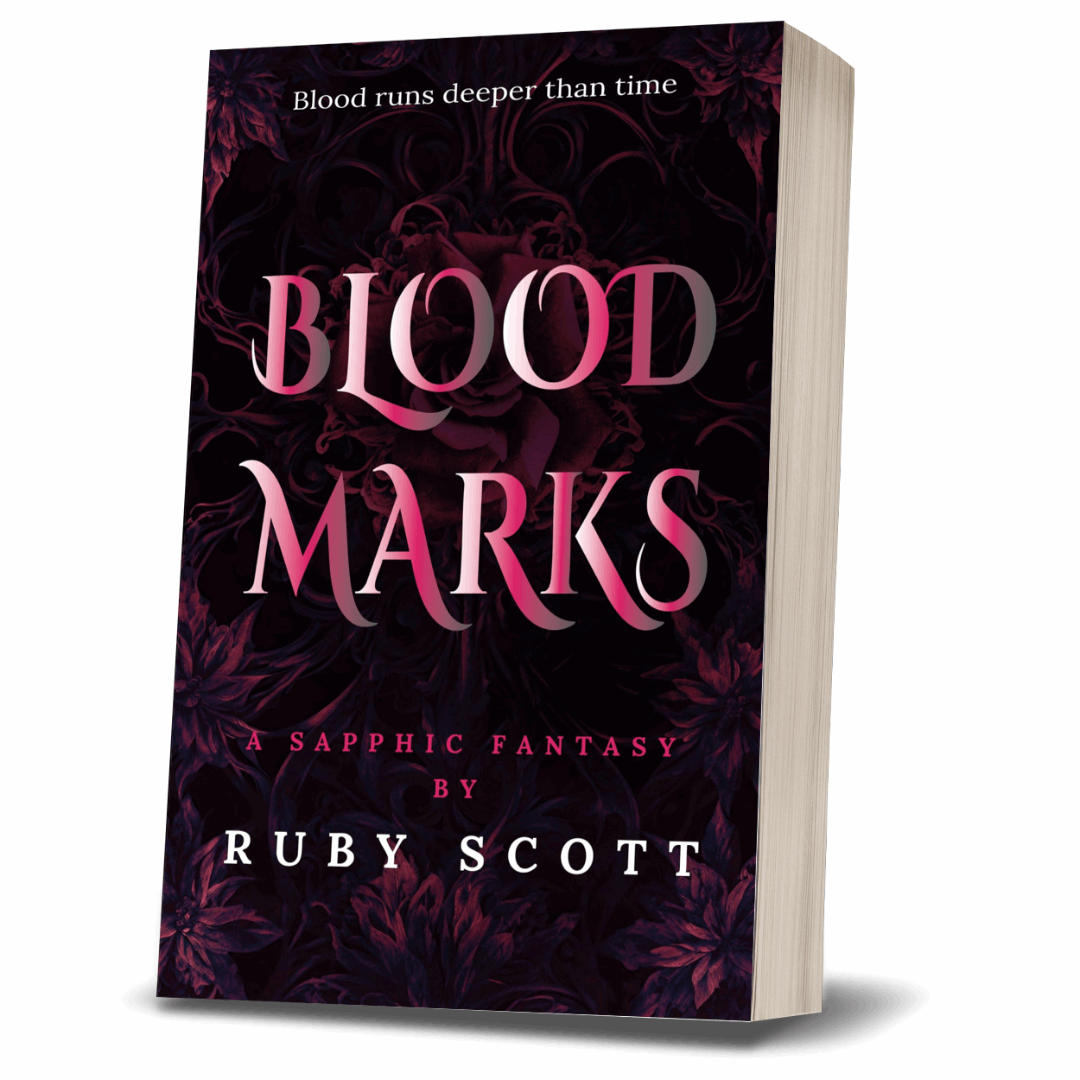 Lesbian romance book "Blood Marks" by bestselling lesbian romance author Ruby Scott is a dark and atmospheric lesbian love story rooted in sapphic fantasy, perfect for fans of emotionally rich lesbian fiction