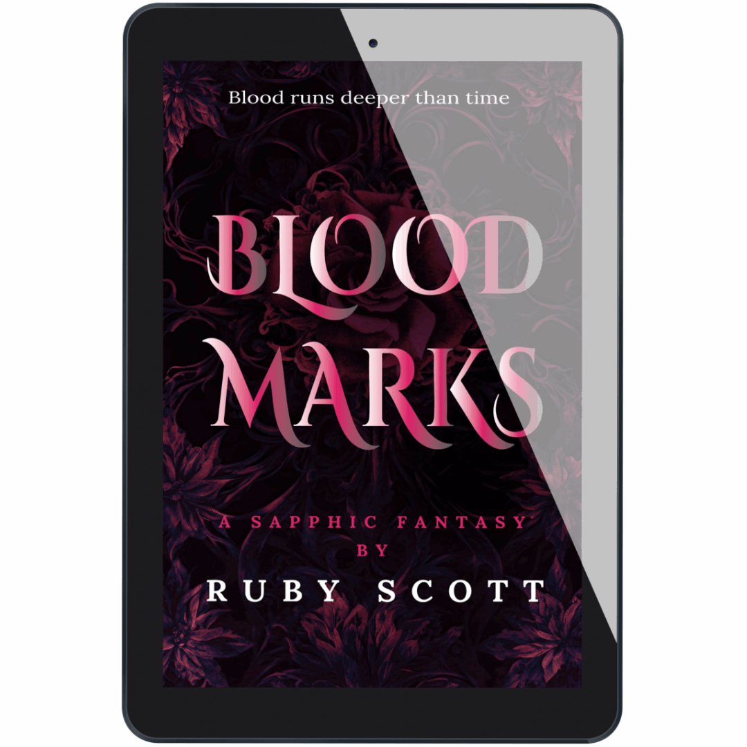 Tablet displaying the ebook cover of Blood Marks by Ruby Scott, a sapphic fantasy romance novel that explores themes of love, legacy, and opposites attracting in a slow burn holiday setting. A captivating lesbian love story.