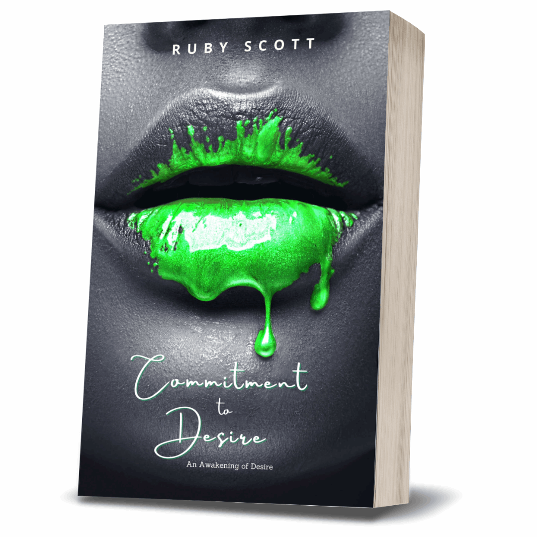 Paperback cover of Commitment to Desire by lesbian romance fiction author Ruby Scott, a passionate lesbian romance book featuring a sensual green-lipped design, representing a sizzling lesbian love story in modern lesbian fiction
