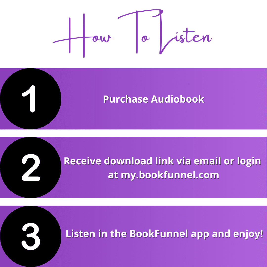 Step-by-step graphic showing how to read Darkness of Desire, a lesbian romance book and lesbian love story by lesbian fiction author Ruby Scott. Includes purchasing, receiving the BookFunnel email, and reading via the app.