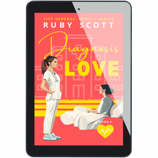 The ebook cover of Diagnosis Love by Ruby Scott, a tender lesbian romance book featuring a workplace love story between a nurse and a patient. A heartfelt lesbian love story about healing, family, and rediscovering connection, this lesbian fiction is part of the City General: Medic 1 series.
