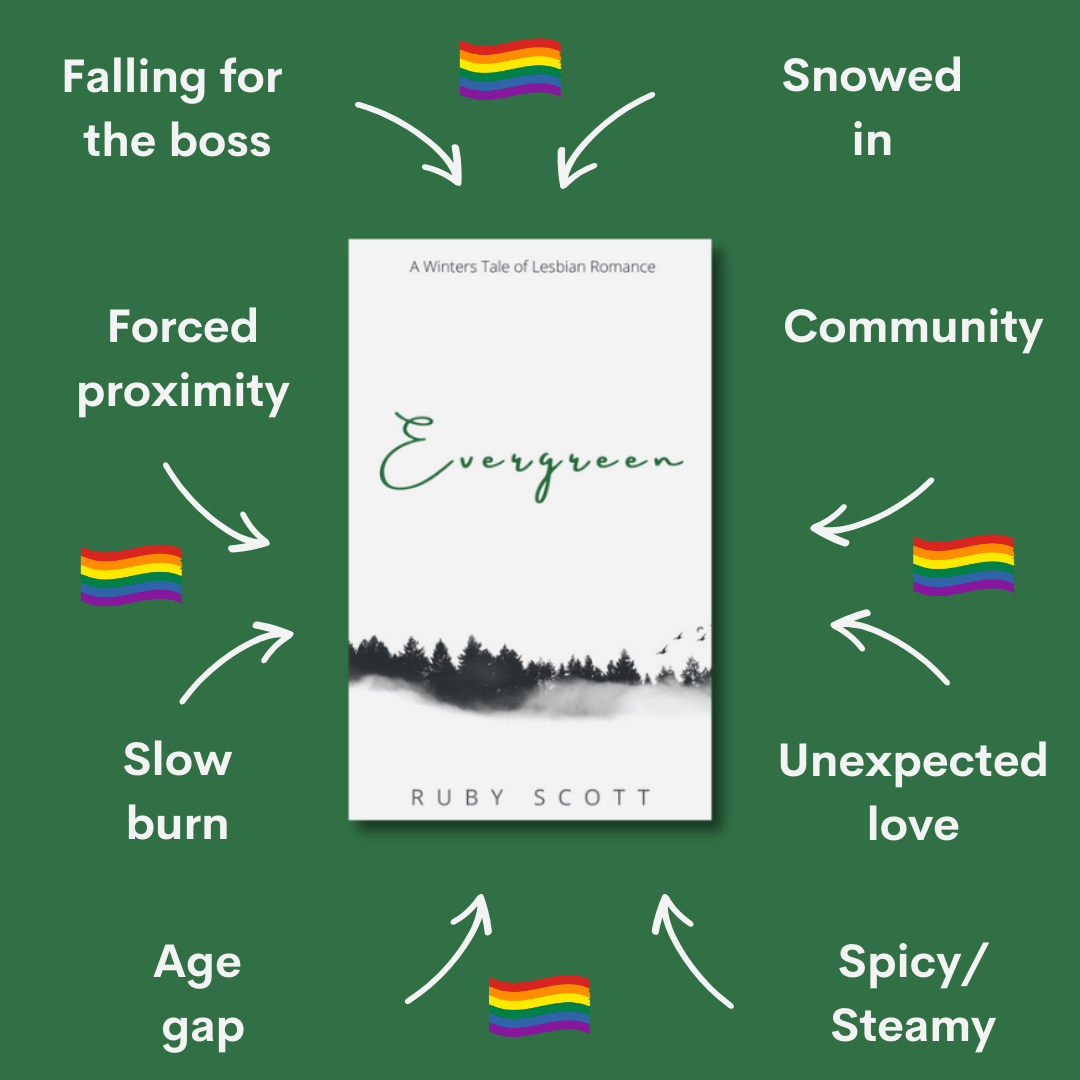 Tropes featured in Evergreen by lesbian author Ruby Scott, a lesbian romance book with a steamy lesbian love story and elements of lesbian fiction, including forced proximity, age gap, slow burn, falling for the boss, snowed in, spicy scenes, and unexpected love.