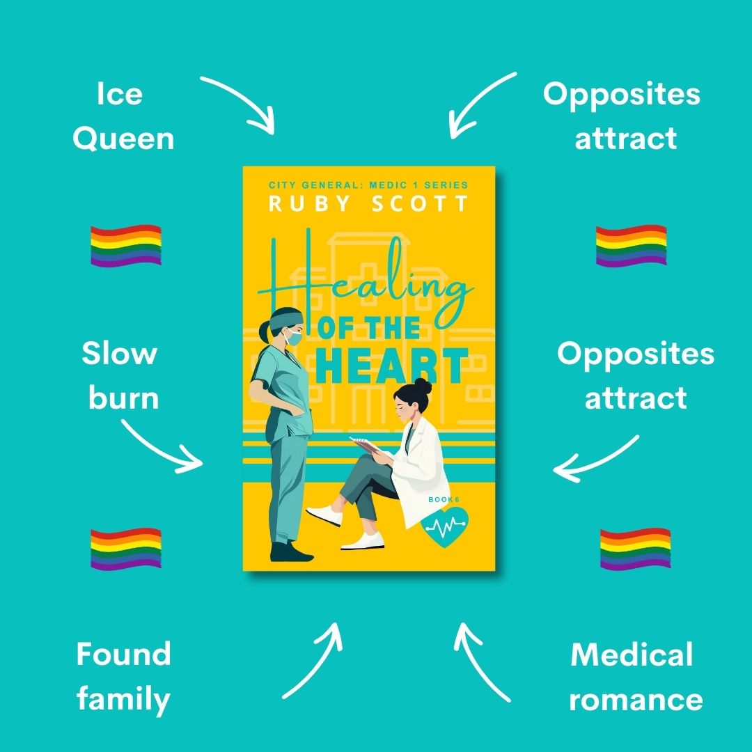 Turquoise and yellow romance trope graphic featuring Healing of the Heart by Ruby Scott, a medical-themed lesbian romance book with opposites attract, slow burn, and found family—an emotional lesbian love story and powerful entry in lesbian fiction
