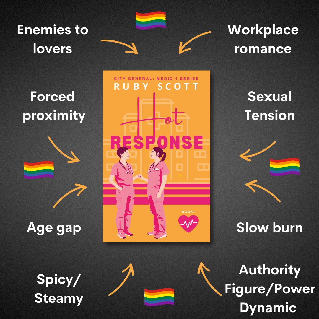 Character trope image for Hot Response by lesbian romance fiction author Ruby Scott, a lesbian fiction book with themes like enemies to lovers, age gap, workplace romance, and authority figure dynamics—perfect for fans of slow burn lesbian love stories.