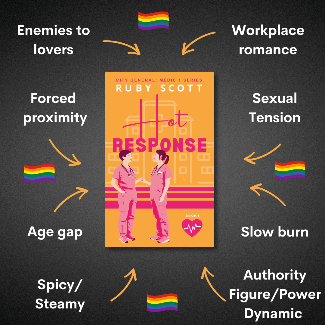 Lesbian romance book "Hot Response" by bestselling lesbian romance author Ruby Scott is a sizzling lesbian love story brimming with lesbian fiction tropes like enemies to lovers, workplace romance, spicy tension, and a slow-burn age gap dynamic