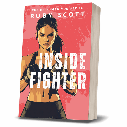 Book cover of 'Inside Fighter' by lesbian romance fiction author Ruby Scott. The cover features a fierce female boxer in a black sports bra and gloves against a bold red background, with the title in large white letters.