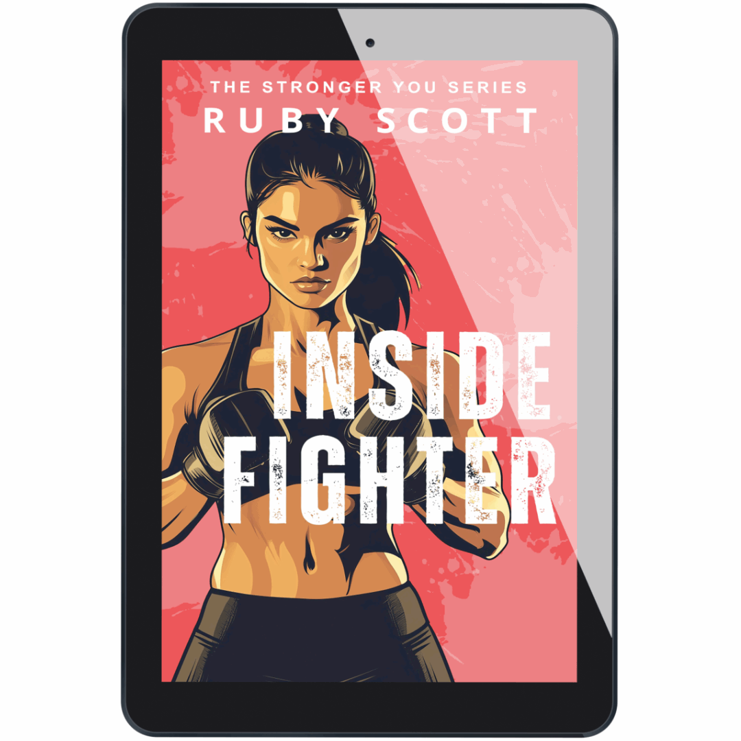 Cover of Inside Fighter by Ruby Scott, featuring a fierce woman in boxing gear on a red background. A sapphic friends-to-lovers romance about healing from trauma and finding strength through love.
