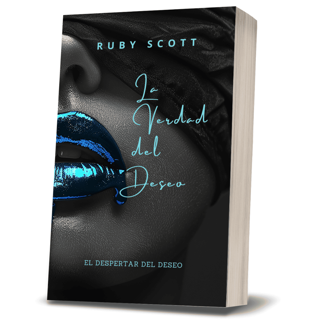 Paperback mockup of La Verdad del Deseo by lesbian romance author Ruby Scott. The cover shows metallic blue lips with a black blindfold, evoking mystery and desire. Part of the Awakening of Desire series, this lesbian romance book is an emotionally intense lesbian love story and a captivating work of lesbian fiction.