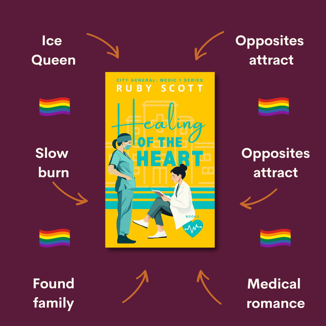 lesbian medical romance healing of the heart story tropes graphic featuring key themes and relationship dynamics, representing a lesbian romance book, lesbian love story, and lesbian fiction by lesbian romance author Ruby Scott and lesbian romance fiction author Ruby Scott
