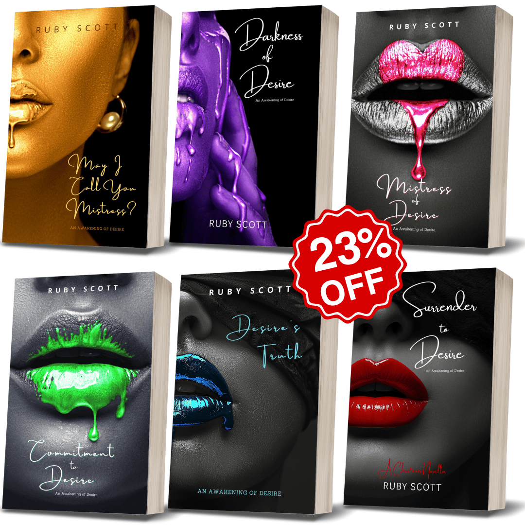 Promotional image for the Awakening of Desire paperback series by lesbian romance fiction author Ruby Scott, showing all six book covers with a 23% off discount label. Lesbian romance book, lesbian love story, lesbian fiction series featuring May I Call You Mistress?, Darkness of Desire, Mistress of Desire, Commitment to Desire, Desire’s Truth, and Surrender to Desire.