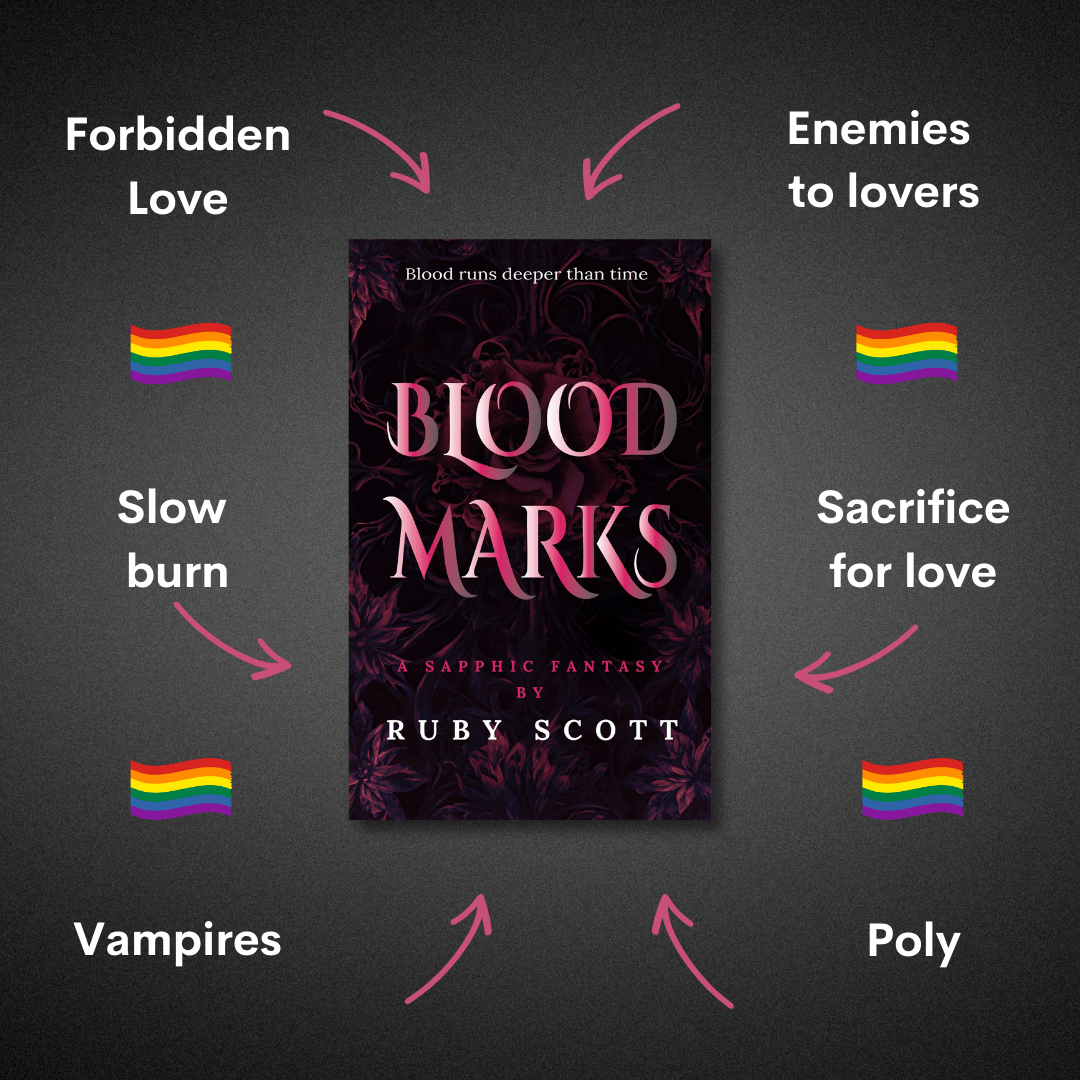 Promotional image for Blood Marks, a sapphic fantasy lesbian romance book by Ruby Scott. Surrounded by tropes like forbidden love, enemies to lovers, sacrifice for love, polyamory, slow burn, and vampires, highlighting key themes of this lesbian love story.