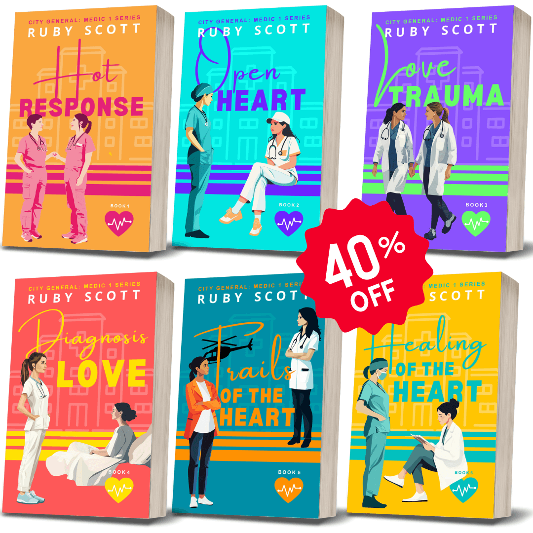 Lesbian romance book, lesbian love story, lesbian fiction — all six books in the bestselling City General: Medic 1 sapphic series by Ruby Scott, bundled in one discounted ebook deal.
