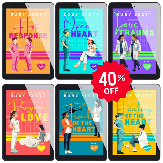 Lesbian romance book, lesbian love story, lesbian fiction — a complete ebook bundle of Ruby Scott’s City General: Medic 1 series, featuring six emotional and steamy sapphic medical romances at 40% off