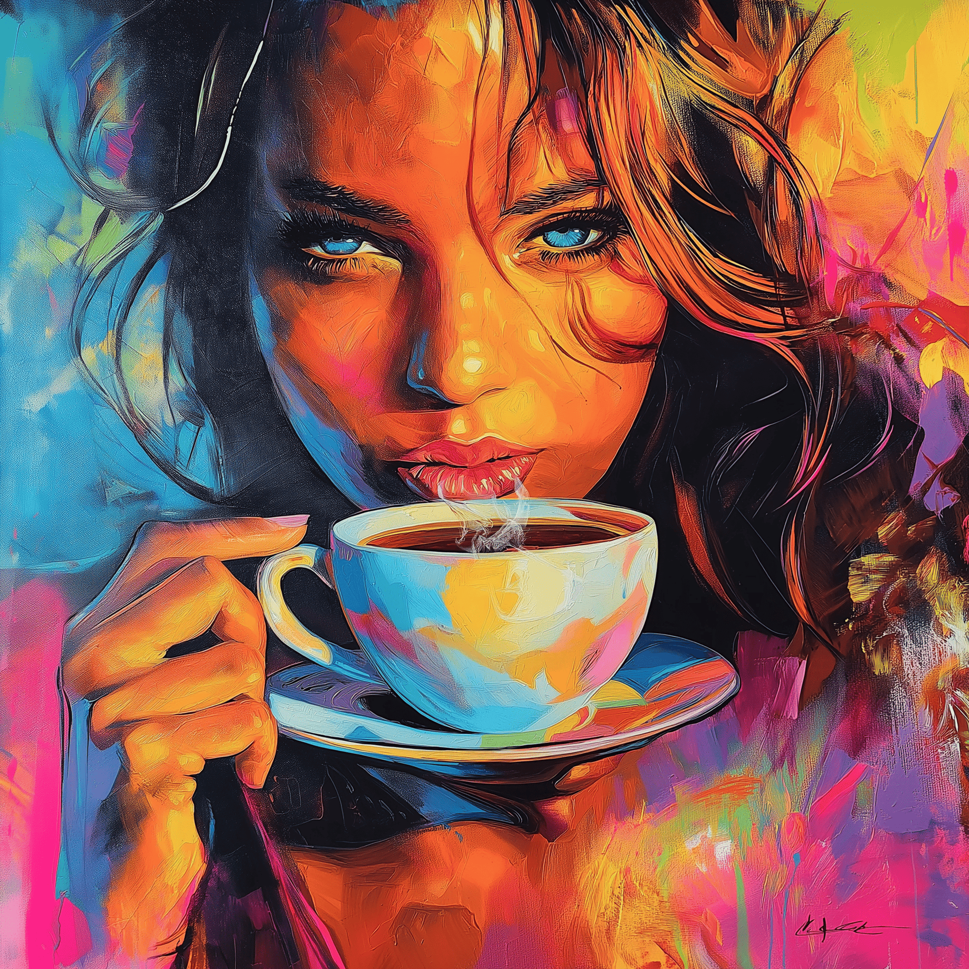 Sensual artistic portrait of a woman with piercing blue eyes holding a steaming cup of coffee, representing support for lesbian romance book, lesbian love story, and lesbian fiction by author Ruby Scott
