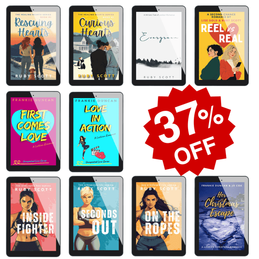 eBook bundle image featuring multiple lesbian romance titles by Ruby Scott and Frankie Duncan with a bold red 37% OFF badge, including Curious Hearts, Rescuing Hearts, Reel vs Real, and more.