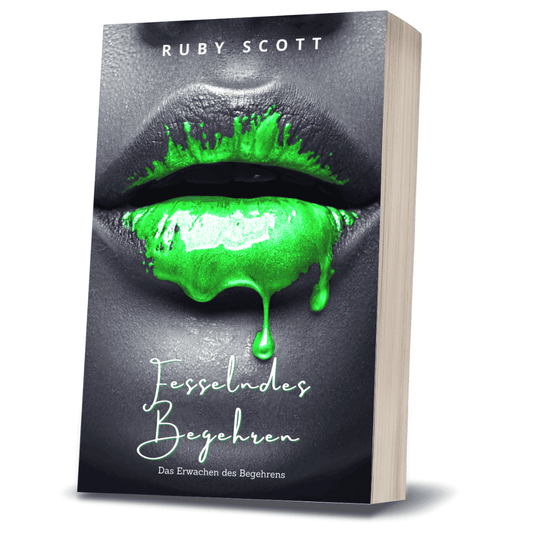 3D paperback mockup of Fesselndes Begehren by lesbian romance author Ruby Scott, a lesbian romance book in German featuring bold green lips on the cover.