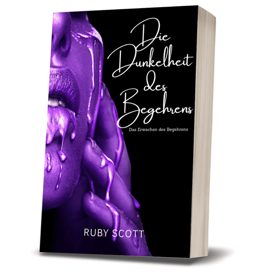 Paperback edition of Die Dunkelheit des Begehrens, a German lesbian romance book by UK author Ruby Scott, featuring a dramatic purple-themed cover—ideal for readers of sapphic fiction and sensual love stories between women.