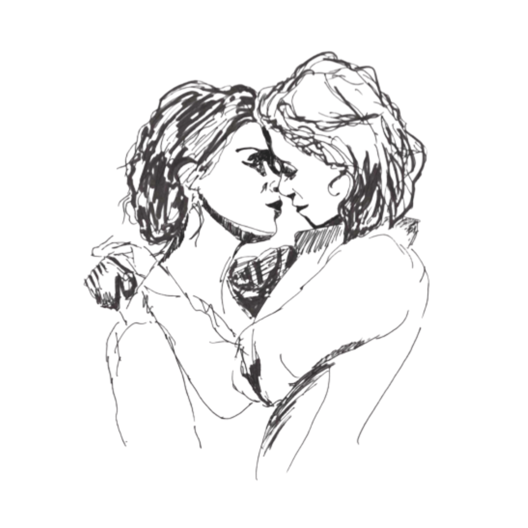 Expressive line drawing by lesbian romance author Ruby Scott capturing two women inches apart, eyes closed in longing, evoking intimacy, passion, and desire in a lesbian romance book, lesbian love story, and lesbian fiction artwork.