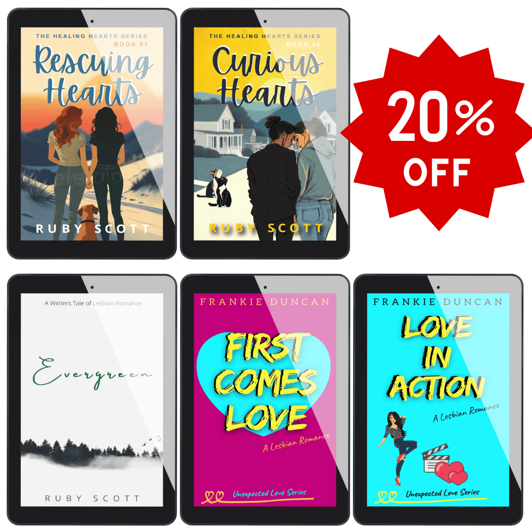 Tablet eBook displays of Rescuing Hearts, Curious Hearts, Evergreen, First Comes Love, and Love in Action with 20% OFF badge, part of a lesbian romance book, lesbian love story, and lesbian fiction collection