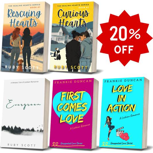 Paperback covers of Rescuing Hearts, Curious Hearts, Evergreen, First Comes Love, and Love in Action with 20% OFF badge, featuring lesbian romance book, lesbian love story, and lesbian fiction discounts