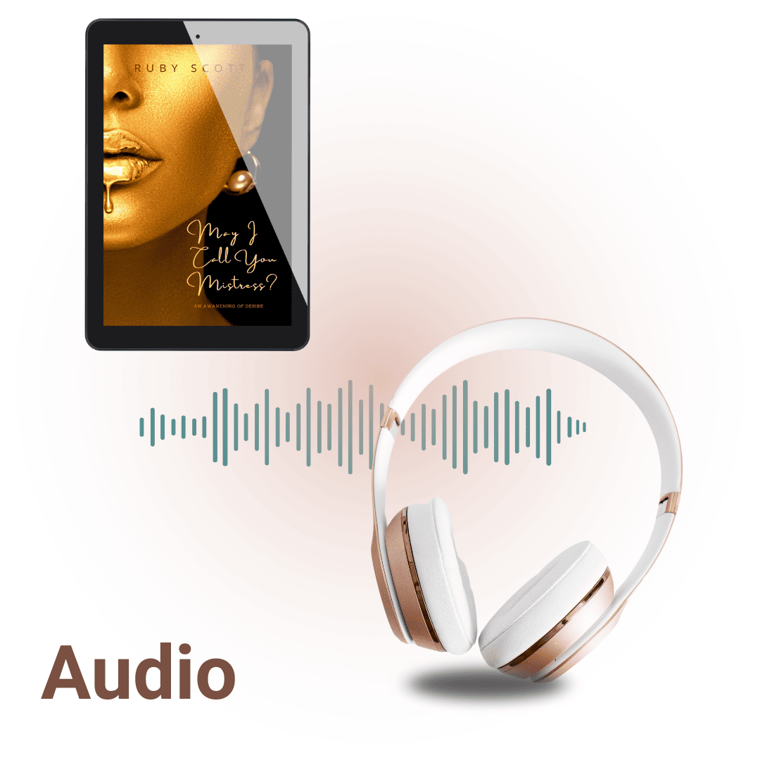 Audiobook cover of "May I Call You Mistress?" by Ruby Scott, featuring a gold-toned sensual image with elegant script title, paired with rose-gold headphones and an audio waveform—promoting a spicy lesbian romance.