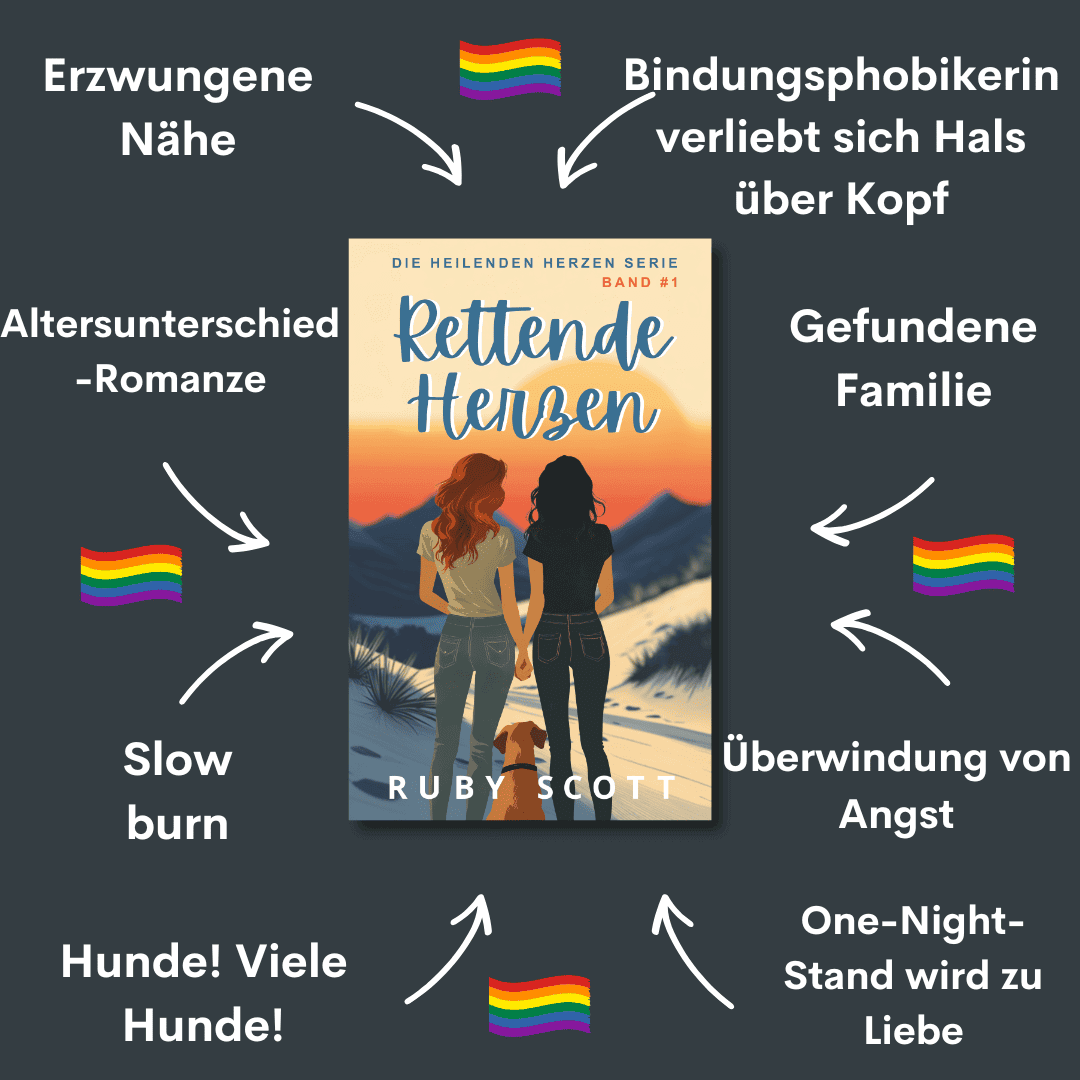 German edition of lesbian romance book Rescuing Hearts by lesbian romance author Ruby Scott. A tender lesbian love story featuring age gap romance, slow burn tension, found family, dogs, and a commitment-phobic woman falling deeply in love. The cover shows two women holding hands with a dog beside them at sunset.