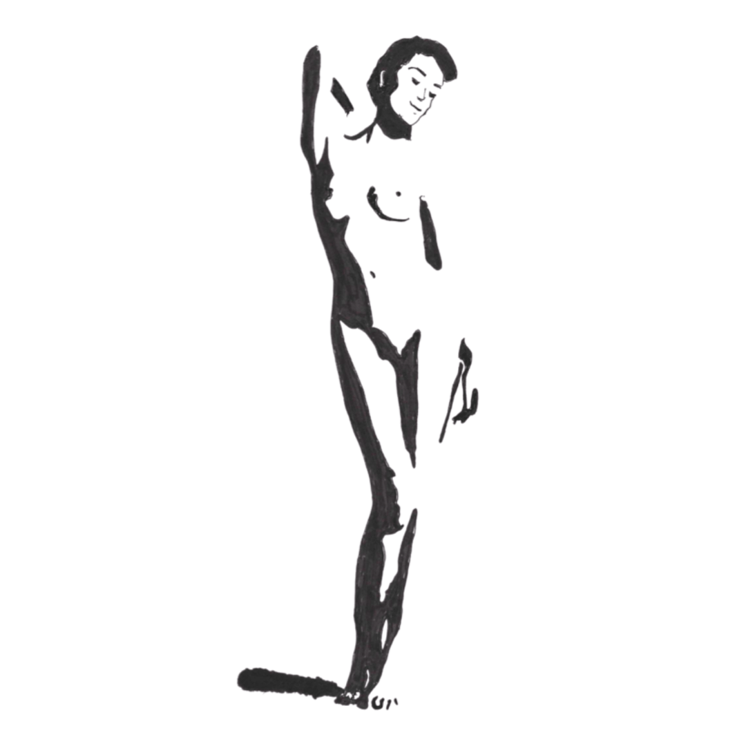 Minimalist ink sapphic art print sketch by lesbian romance author Ruby Scott of a confident nude woman standing gracefully, celebrating feminine strength, vulnerability, and sensuality in a lesbian romance book, lesbian love story, and lesbian fiction artwork.