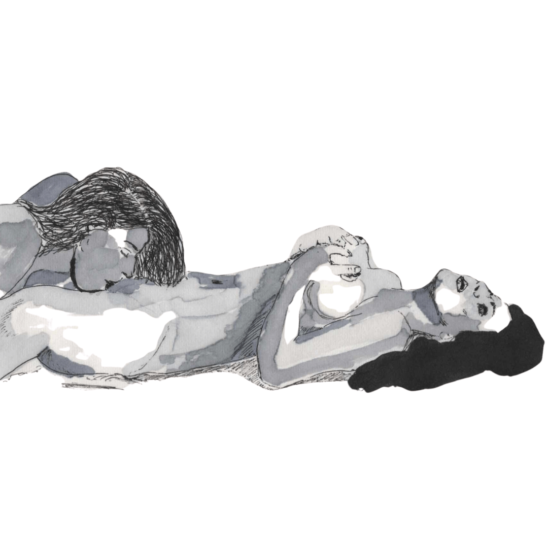 Sensual monochrome sapphic art print illustration by lesbian romance author Ruby Scott depicting two women lying close together, one gently kissing the other, expressing intimacy, tenderness, and desire in a lesbian romance book, lesbian love story, and lesbian fiction art print.