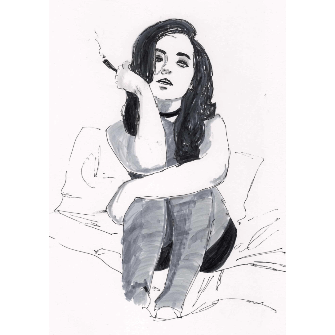Monochrome sapphic art print by lesbian romance author Ruby Scott showing a woman sitting on a bed, cigarette in hand, lost in thought, capturing introspection and desire in a lesbian romance book, lesbian love story, and lesbian fiction art print.