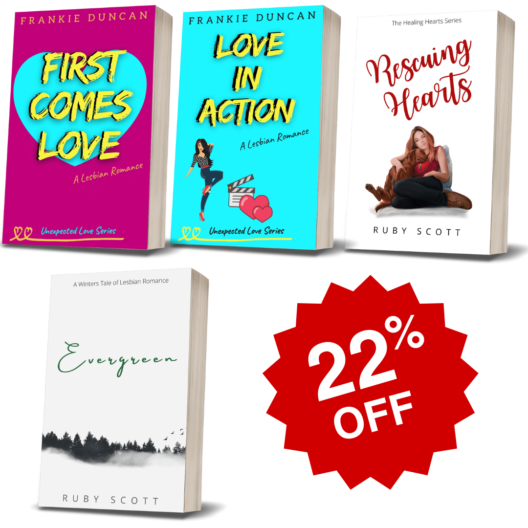 A paperback bundle of lesbian romance books by lesbian romance fiction author Ruby Scott and Frankie Duncan, featuring emotional lesbian love stories and cozy sapphic fiction.