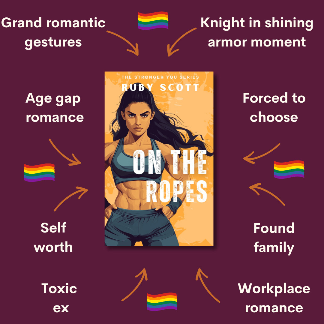 lesbian sports romance story on the ropes tropes graphic featuring key themes and relationship dynamics, representing a slow burn lesbian romance book, lesbian love story, and lesbian fiction by lesbian romance author Ruby Scott and lesbian romance fiction author Ruby Scott.