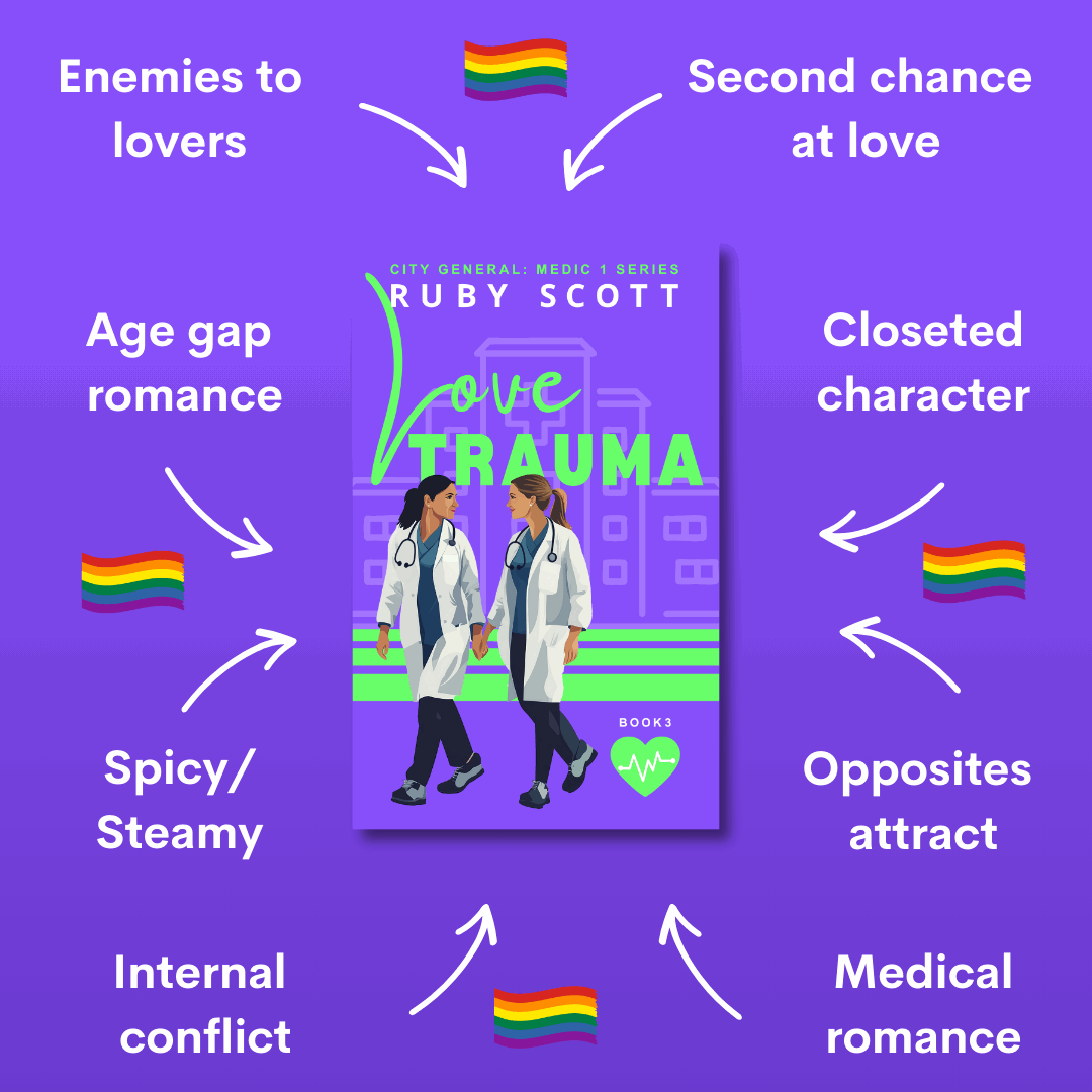 Graphic for Love Trauma by lesbian romance fiction author Ruby Scott featuring key tropes like enemies to lovers, second chance romance, age gap, and medical drama — a must-read lesbian love story and lesbian fiction book