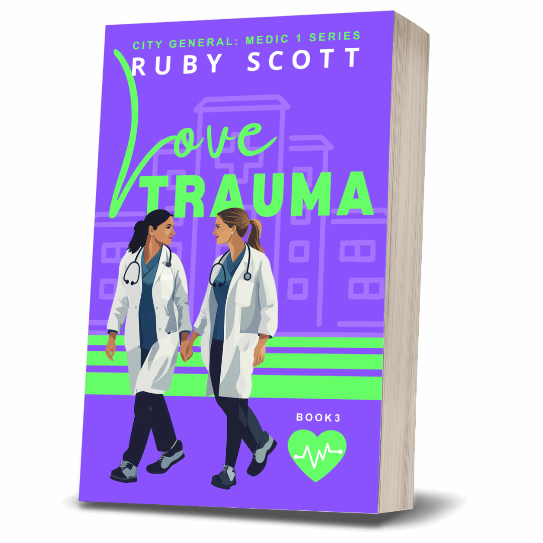 Cover of Love Trauma by lesbian romance fiction author Ruby Scott featuring two women doctors on a purple and neon green illustrated background — a powerful lesbian love story and lesbian fiction book