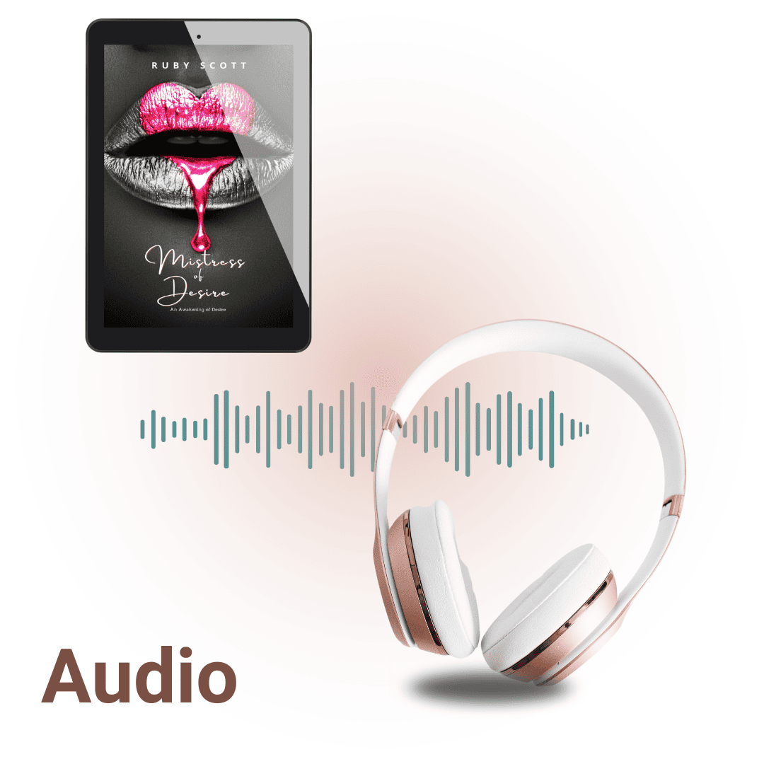 Audiobook promotion for Mistress of Desire by lesbian romance fiction author Ruby Scott. Image shows the ebook cover on a tablet with striking pink lips dripping colour, next to rose-gold headphones and a soundwave graphic. A lesbian romance book, lesbian love story, and lesbian fiction audiobook from the Awakening of Desire series.