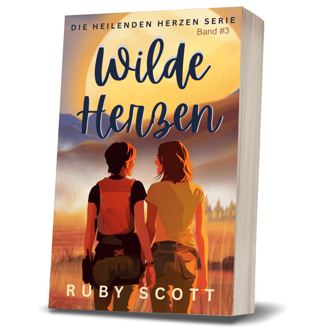 Wilde Herzen: Eine sapphische Ice-Queen-Romanze Buchcover von Ruby Scott mit zwei Frauen im Sonnenuntergang.