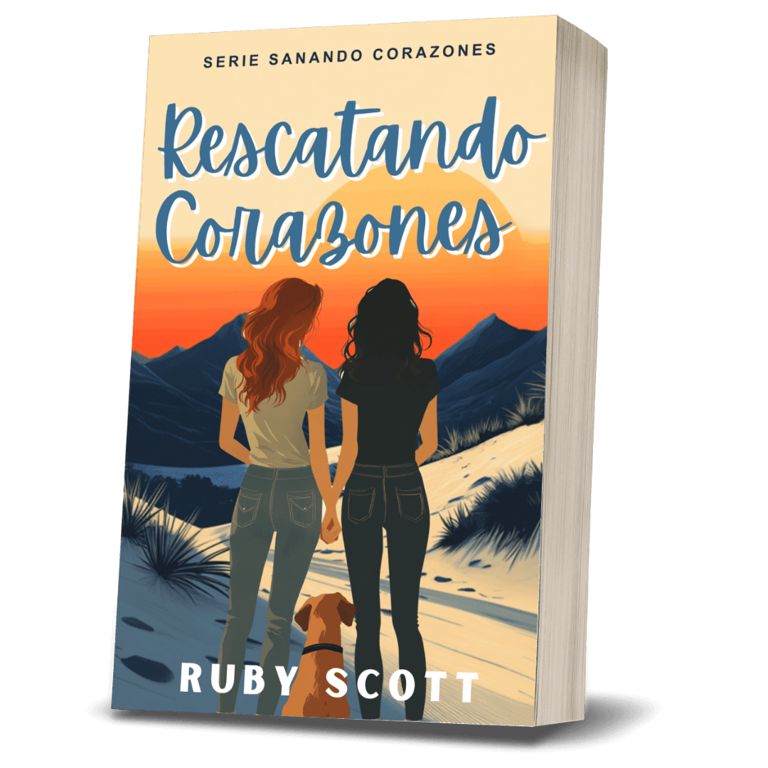 Book cover of 'Rescatando Corazones: Romance lésbico slow burn' featuring two women holding hands with a dog.