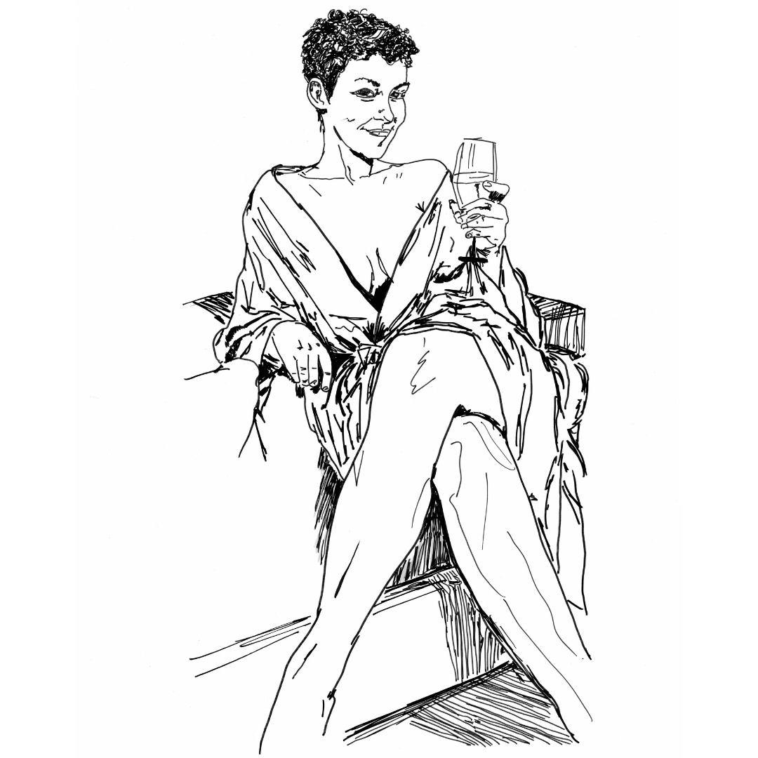 Confident black and white sapphic art print of a woman seated with legs crossed holding a wine glass, radiating relaxed dominance and self-assured femininity by Ruby Scott