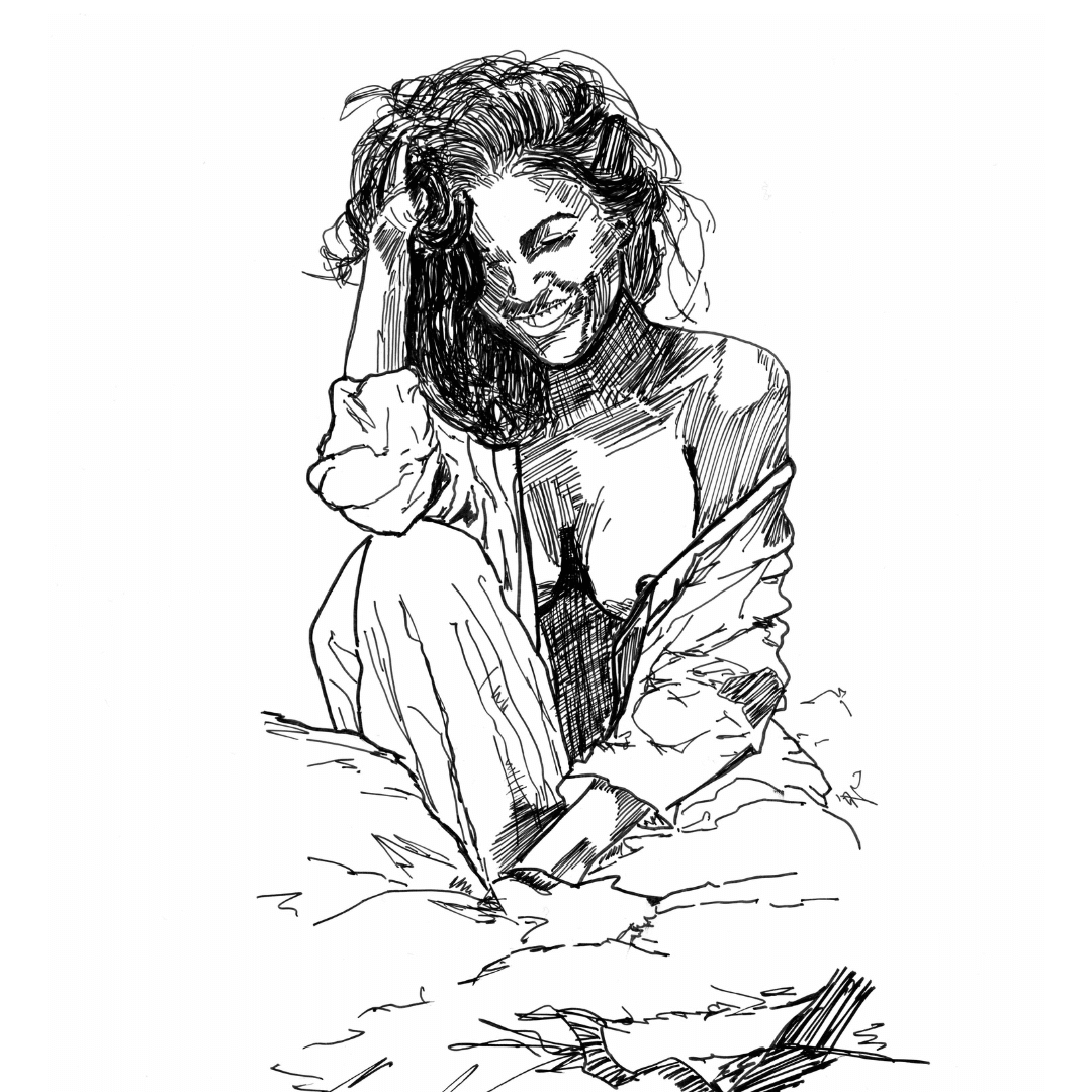 Soft black and white sapphic art print of a woman smiling shyly in bed, hand tangled in her hair, capturing tender intimacy and morning-after warmth by Ruby Scott