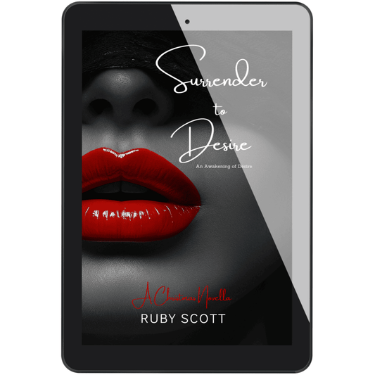 Ebook mockup of Surrender to Desire by lesbian romance fiction author Ruby Scott, a sensual lesbian romance book and lesbian love story featuring glossy red lips on a black and white cover design.