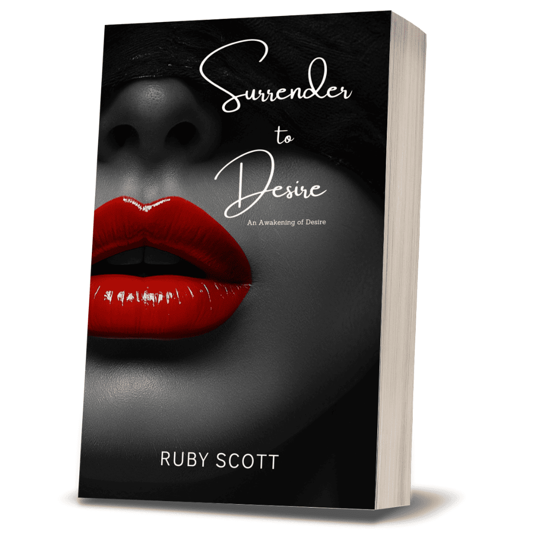 Paperback edition of Surrender to Desire by lesbian romance fiction author Ruby Scott, a lesbian romance book and lesbian love story from the Awakening of Desire series with a striking cover of red lips on a black and white background.