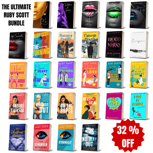 The Ultimate Ruby Scott Bundle promotional image featuring paperback covers of bestselling lesbian romance books and lesbian love stories by lesbian romance fiction author Ruby Scott, highlighting a 32% off limited-time discount offer.