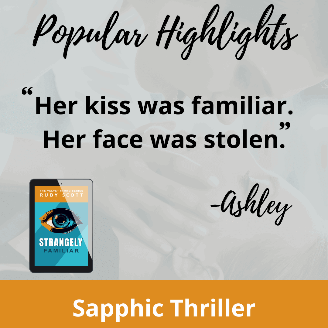 Quote graphic from Strangely Familiar by Ruby Scott, a gripping lesbian romance book in the Velvet Storm series. This lesbian love story blends psychological suspense and passionate identity-driven twists—perfect for fans of intense, mysterious lesbian fiction