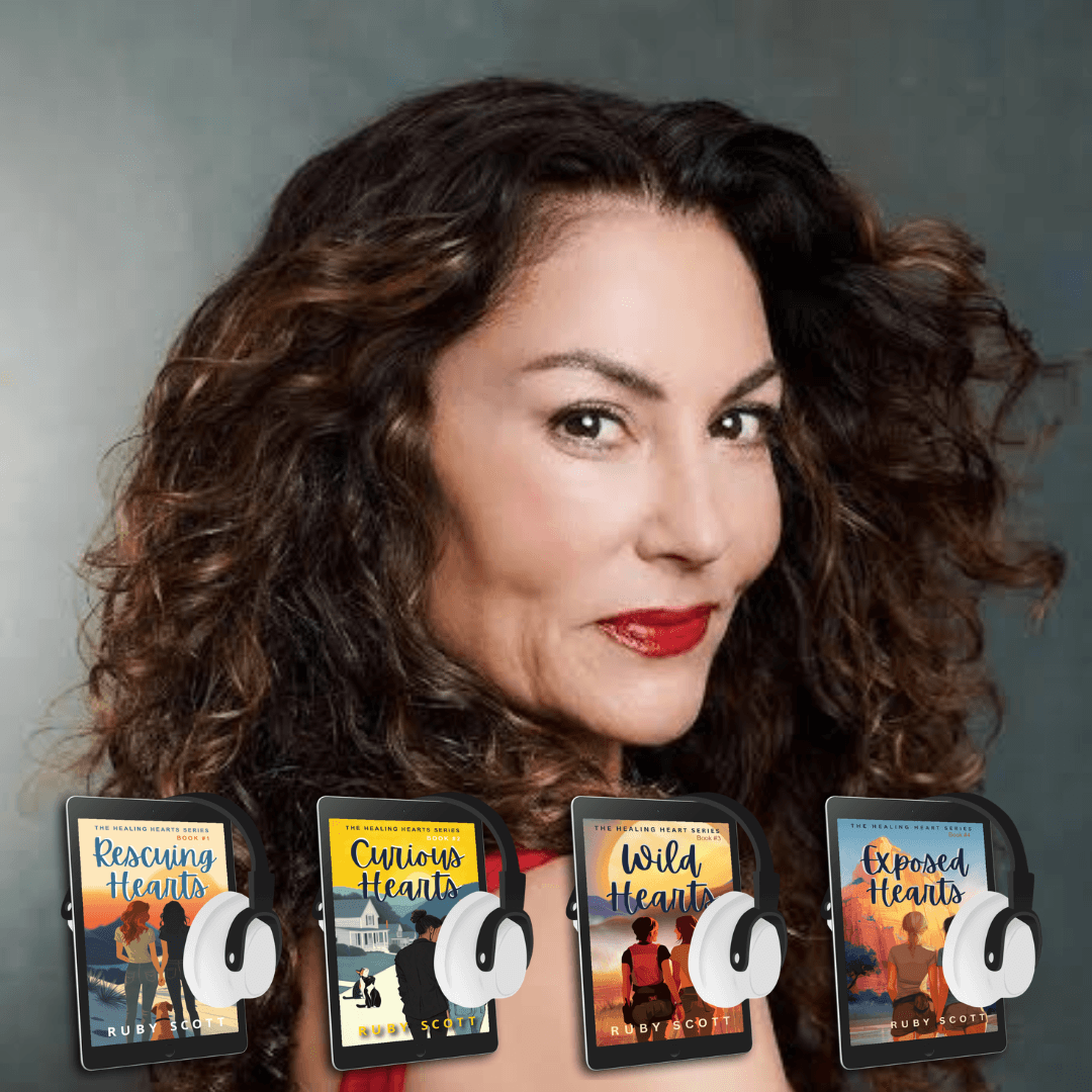 Abby Craden promoting her audiobooks Rescuing Hearts, Curious Hearts, Wild Hearts, and Exposed Hearts.