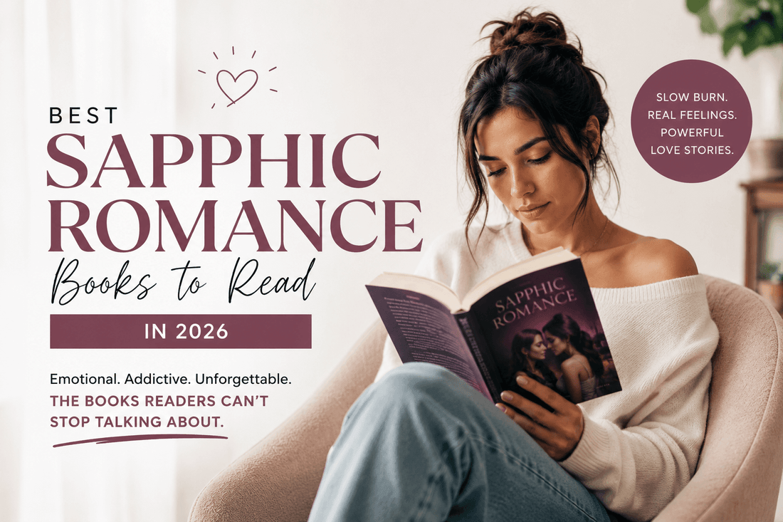 Young woman sitting in a modern chair reading a sapphic romance book with clean editorial text overlay about best sapphic romance books to read in 2026