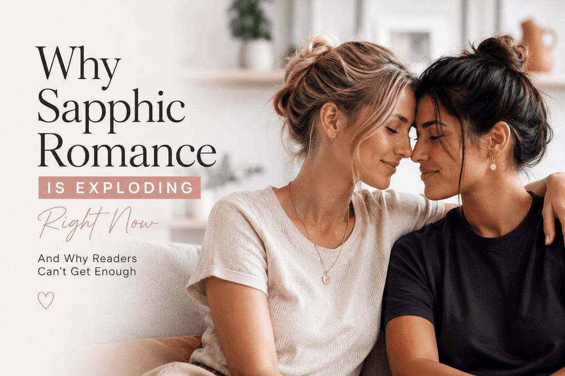 Two women sitting closely together in a bright modern home, sharing an intimate and affectionate moment that represents the rise and growing popularity of sapphic romance and love between women